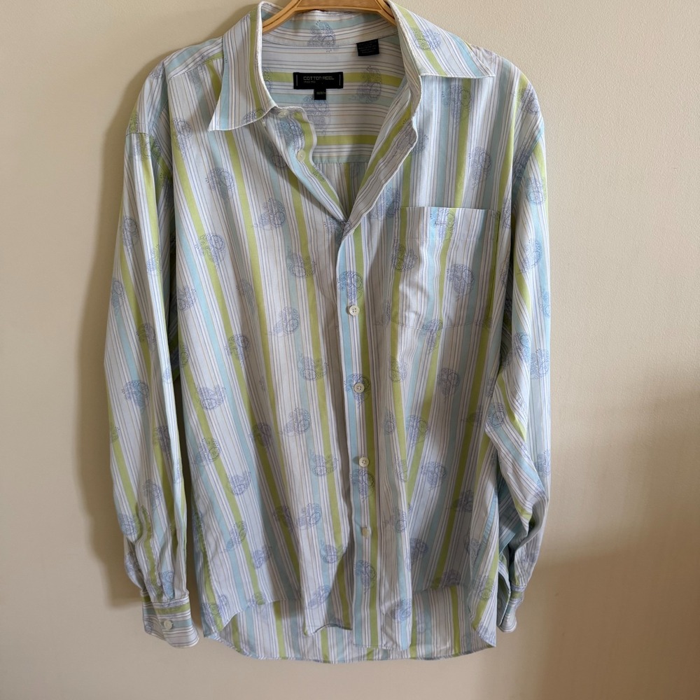 Cotton Reel M Vtg Blue & White Stripe Paisley Long Sleeve Button‎ Up 100% Cotton